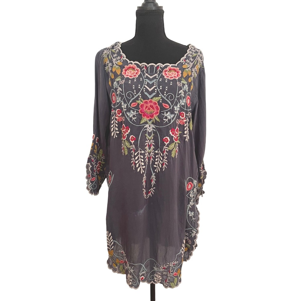 Johnny Was Tunic Dress Womens XS Gray Embroidered Boho Floral Oversized As-Is
